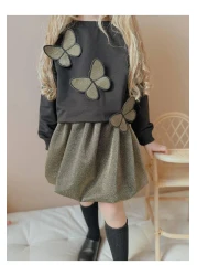 YİGİT BUTİK Butterfly Detailed Glitter Balloon Skirt Girl's Bottom and Top Set