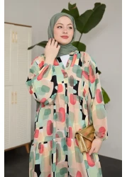 InStyle Oval Geometric Patterned Patchwork Green Dress