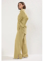  Modest Khaki Linen Blended Mother of Pearl Button Woven Bottom-Top Set Tctss25Us00028