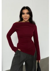 Bipantolon Burgundy Anthracite 2-Piece Blouse - Draped, Boat Neck, Asymmetrical Lycra Knitted Blouse