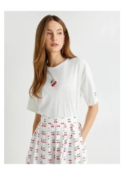 Koton Tuba Unusal - Cotton Short Sleeve T-Shirt, Cherry Embroidery Detail, Crew Neck