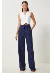 Happiness İstanbul Navy Blue Striped Comfortable Women's Trousers - To00158