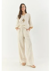 Bianco Lucci طقم قلادة نسائية مخططة برقبة على شكل حرف V من الكتان من الأسفل إلى الأعلى 25106 60283319