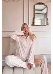 Pijamaevi طقم بيجامة نسائي بأكمام طويلة وأزرار أمامية من دبلن باللون البيج الفاتح