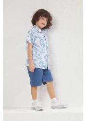 TRENDYOLKIDS Blue Male Child Cotton Tropical Printed Woven Shirt Shorts Bottom-Top Suit Tkdss25Au00035