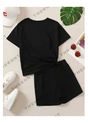 THEKONT Pink Ribbon Printed Tshirt-Shorts Bottom-Top Suit