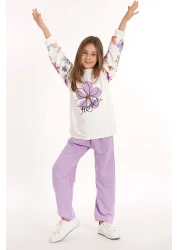 zepkids Floral Printed Ecru Lilac Color Girl's Tracksuit Set