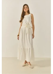 Bianco Lucci بلوزة نسائية بحزام سميك مع تنورة طويلة فضفاضة بدلة صيفية مزخرفة من الأسفل إلى الأعلى 9329 60281045