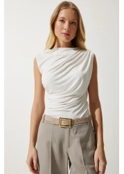 Happiness İstanbul بلوزة نسائية محبوكة بدون أكمام برباط إكرو YU00015