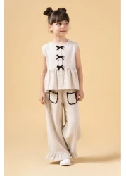 Magu Girl's Linen Beige Bow Flounce Long Pants Double Set