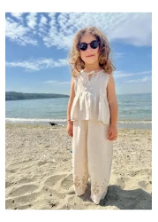 Oliven The Kid بدلة بناتي كتان بتطريز على الساقين طبيعي