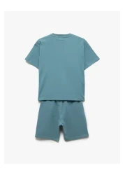 Koton Cotton Crew Neck Short Sleeve Embroidered Top with Lace-Up Waist Shorts Set of Two