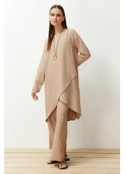  Modest Beige Asymmetrical Woven Tunic Trousers Top and Bottom Set TCTSS24US00074