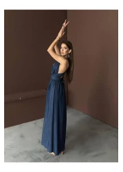 369 etnik butik فستان طويل بفتحة رقبة على شكل حرف V عميقة وخصر مجمّع (فستان طويل)