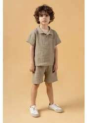 Minipodyum Boy's Placket Shirt Shorts Muslin Summer Double Set