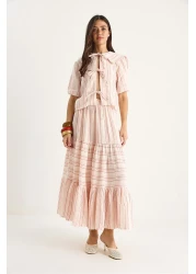 Bianco Lucci Women's Striped Muslin Tie Front Collar Blouse Flounced Skirt Bottom-Top Set 4011 60283424