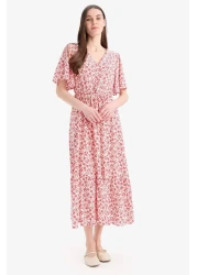 Defacto V-Neck Cheeky Patterned Lace-Up Short Sleeve Midi Summer Dress D2835Ax25Sm