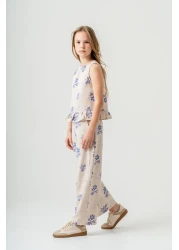 Magu Girl's Ecru Floral Patterned Poplin Linen Blouse and Pants Set