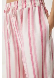 Happiness İstanbul بنطلون كتان فضفاض صيفي مخطط وردي اللون للنساء DP00247