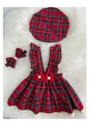 Moda Lina Baby Girl Ruched Red Plaid Dress Bandana Hat Set