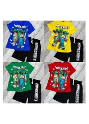 Minecraft بدلة قطن ممشط باللون الأخضر للأولاد مع شورت للموسم الجديد