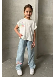 Minigimin Cicileri طقم بناتي مكون من قطعتين من Miniğimin Cicileri مع تفاصيل زنبق من الدنيم - أزرق فاتح