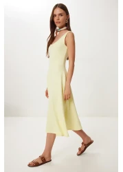 Happiness İstanbul Women's Yellow Strap Summer Ribbed Knitted Midi Dress Dz00130