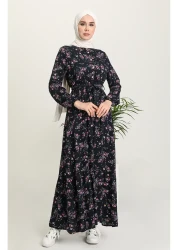 sefamerve فستان فيسكوز أزرق كحلي - نمط الأزهار 5068-04