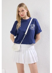  Collection Navy Oversize Knitted T-Shirt - 100% Cotton, Back and Front Print, Relaxed Fit Twoss24Ts00234