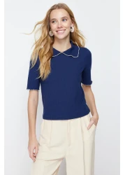  Collection Navy Blue Collar Detailed Regular/Normal Fit Knitted Knitted Blouse Twoss24Bz00194
