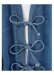 Modamorfo Jeans Kimono Suit with Tie Front Pockets and Trousers - Dark Blue