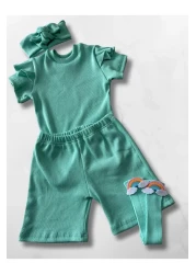 özge başaran Mint Girl's 4-Piece Set – Ruffled Shorts T-Shirt Socks Band Combination