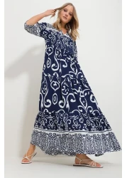 Trend Alaçatı Stili فستان فيسكوز منقوش برباط أمامي باللون الأزرق الداكن للنساء Alc-X11595