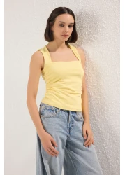  Collection Light Yellow Straight Square Collar Strap Fitted Blouse Twoss24Bz00400