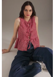  Collection Red Gingham Pattern Binding, Just Like Sleeveless Stretchy Knitted Blouse