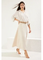  Collection تنورة طويلة منسوجة من الكتان بطول ماكسي على شكل حرف A مع تفاصيل حزام بيج TWOSS25ET00071