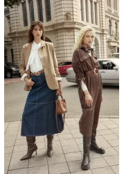  Modest Brown Belted Sleeves Adjustable Detail Button Cotton Woven Shirt Dress Tctss23Eb00365