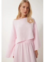 Happiness İstanbul طقم تنورة بلوزة موسلين وردي للنساء RV00206