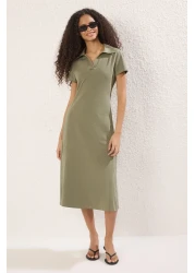  Collection Skater/Waist Cutout Khaki Polo Midi Dress, Cotton Stretch Knit