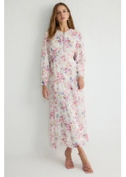  Modest Ecru Floral Print Woven Chiffon Dress Tctss25Eb00036
