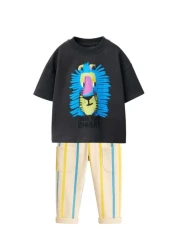 Magu Boys' Cotton Black Lion Printed T-Shirt and Striped Pants Set