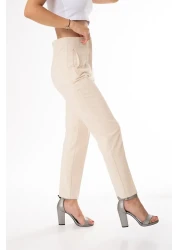 Tebessüm Life High Waist Beige Fabric Trousers - Collar Detail