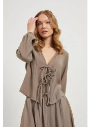 Arma Life Women's Lace-Up Premium Long Sleeve Mink Crop Blouse