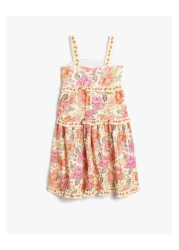 Koton Strappy Layered Embroidered and Ruffled Floral Print Dress