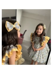 Sare Çocuk Giyim Girl's Yellow Floral Shoulder Puffy Princess Special Design Dress (100% Cotton) + Buckle