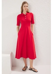  Collection Red Midi Knitted Dress - Three Quarter Sleeve, Button-Down Collar, Skater Style - Twoaw25El00518