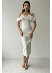 Julidress فستان أبيض متوسط الطول من قماش أطلس بدون حمالات بدون أكتاف وفتحة