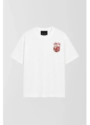 THE RULE Unisex Stüssy Kiss Printed Oversize 100% Cotton Wide Cut Textured White Crew Neck T-Shirt Rf0512