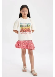 Defacto Girl's 2 Piece Set Crew Neck Printed Short Sleeve T-Shirt Floral Skirt C5356A824Hs