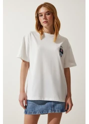 Happiness İstanbul Women's White Crew Neck Embroidered Oversize Knitted T-Shirt NJ00142